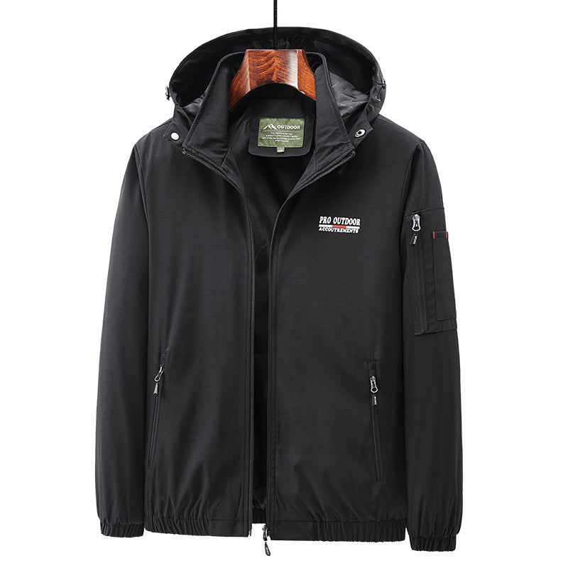 Men's Lightweight Softshell Outdoor Jacket with Hood, Arm Pocket and Zippered Pockets Chichicherry