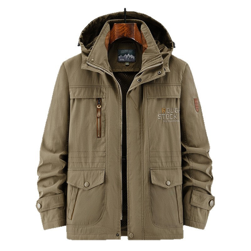 Men's Technical Field Jacket with Hood, Multi-Functional Pockets and Breathable Mesh Lining Chichicherry