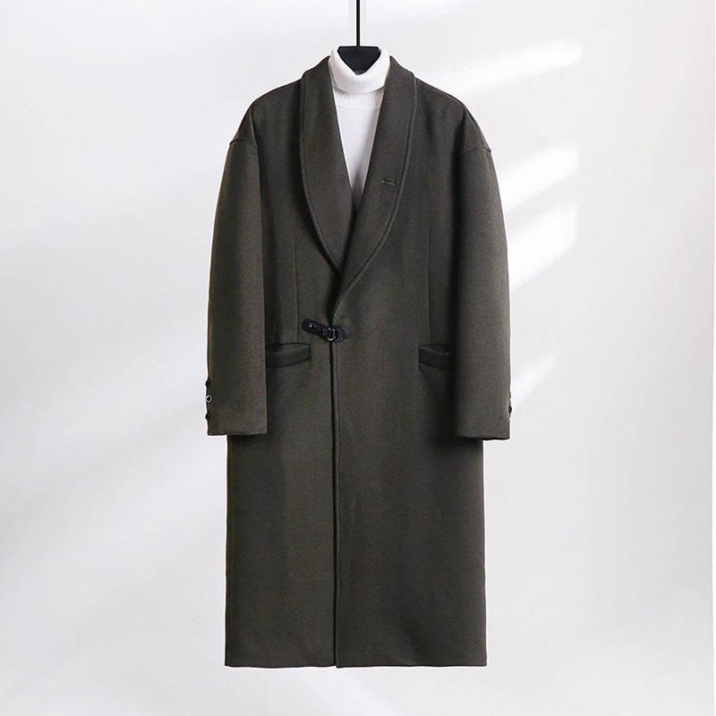 Men's Floor-Length Wool Blend Coat with Wide Shawl Collar and Decorative Toggle Closure Chichicherry