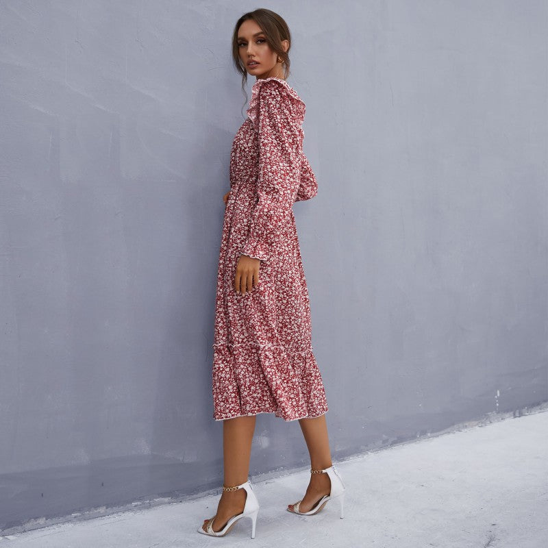 Women's midi dress in vintage style with square neckline, ruffles, and elastic waist Chichicherry