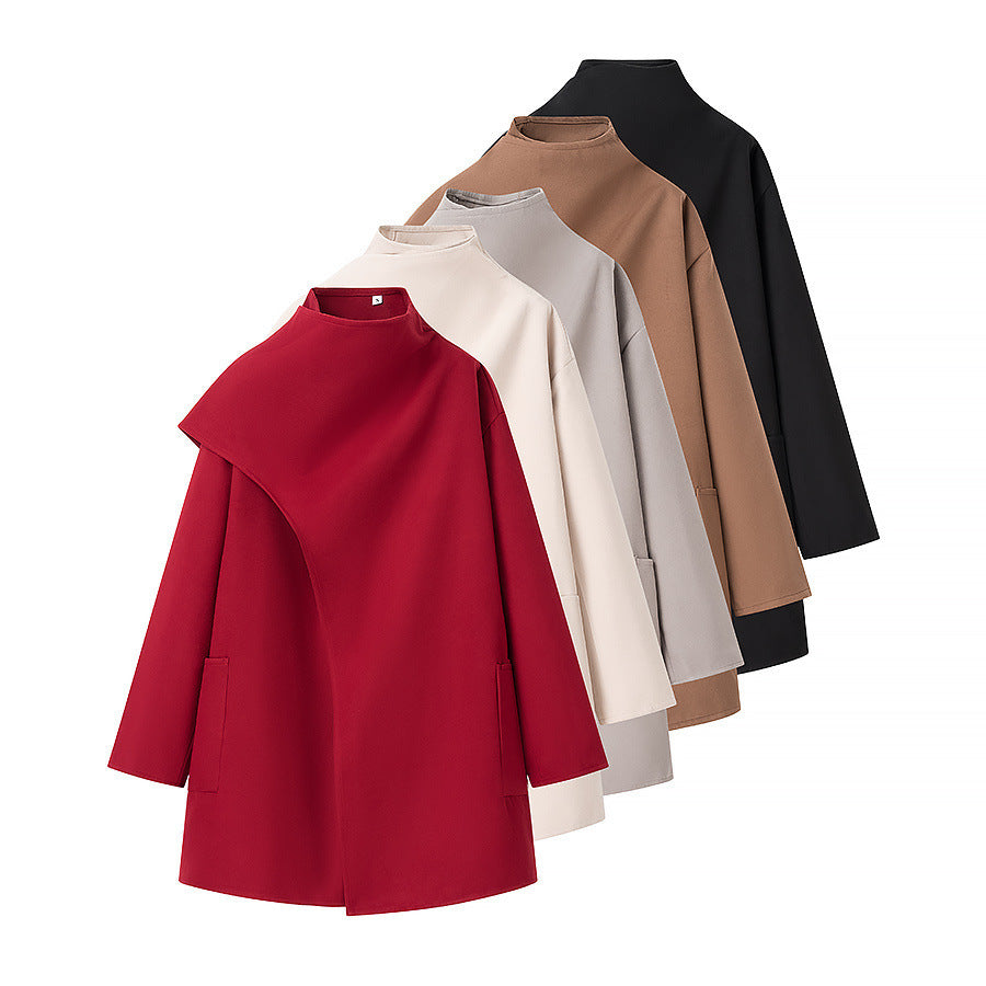 Women's oversized coat with stand-up collar, asymmetrical overlay, and patch pocket Chichicherry