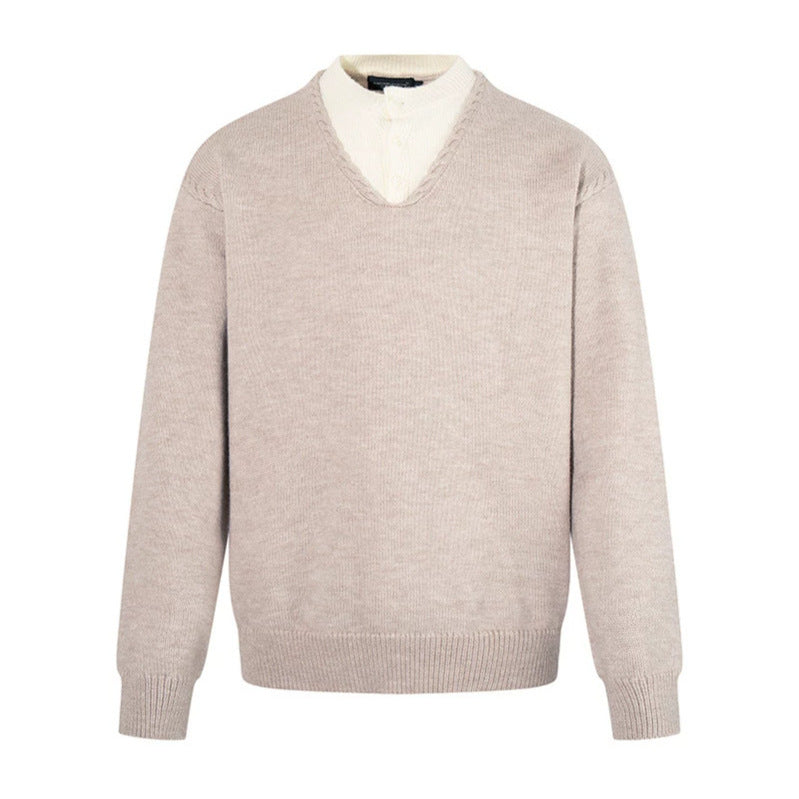 Men's Fine V-Neck Sweater with Layered Look and Stand-Up Collar Inner Part Chichicherry