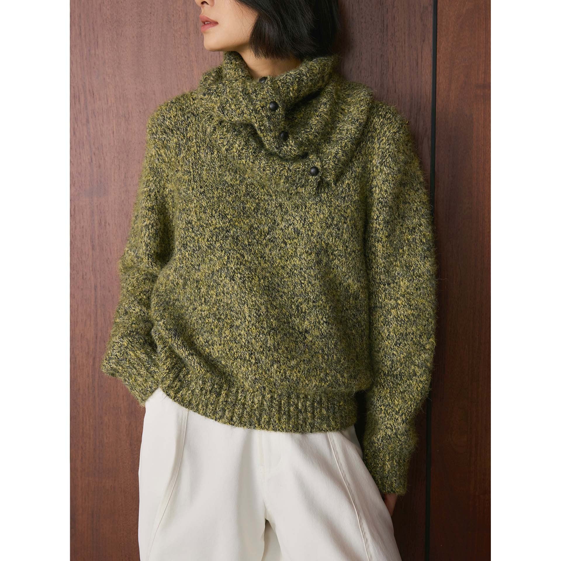 Women’s Fluffy Chunky Knit Sweater with Button Turtleneck Chichicherry