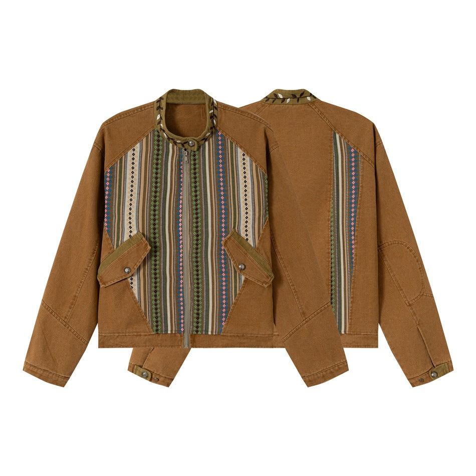 Women's short cotton blouson jacket with ethnic woven panels and cord trimming Chichicherry