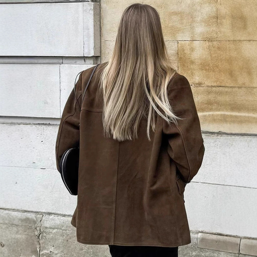 Women's Oversized Suede Blazer with Lapel Collar and Flap Pockets Chichicherry