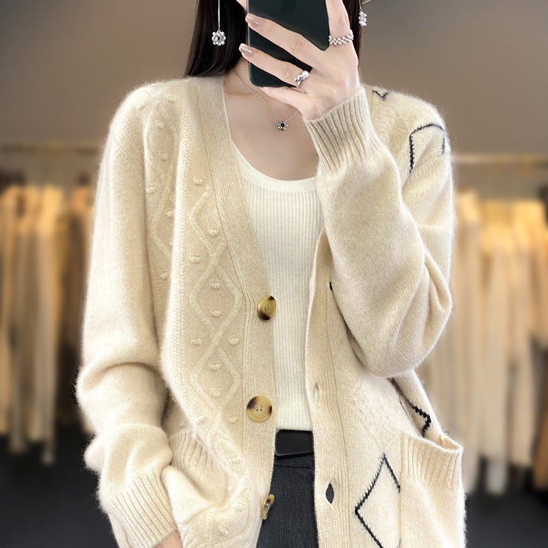 Women Cozy Oversized Cardigan with Openwork and Diamond Detail Chichicherry