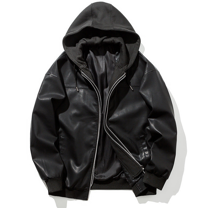 Men's Faux Leather Bomber Jacket with Hood, Zipper, and Ribbed Cuffs Chichicherry