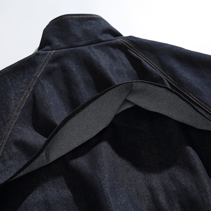 Unisex Boxy Jeans Jacket in Oversized Cut with Stand-Up Collar and Flap Pockets Chichicherry
