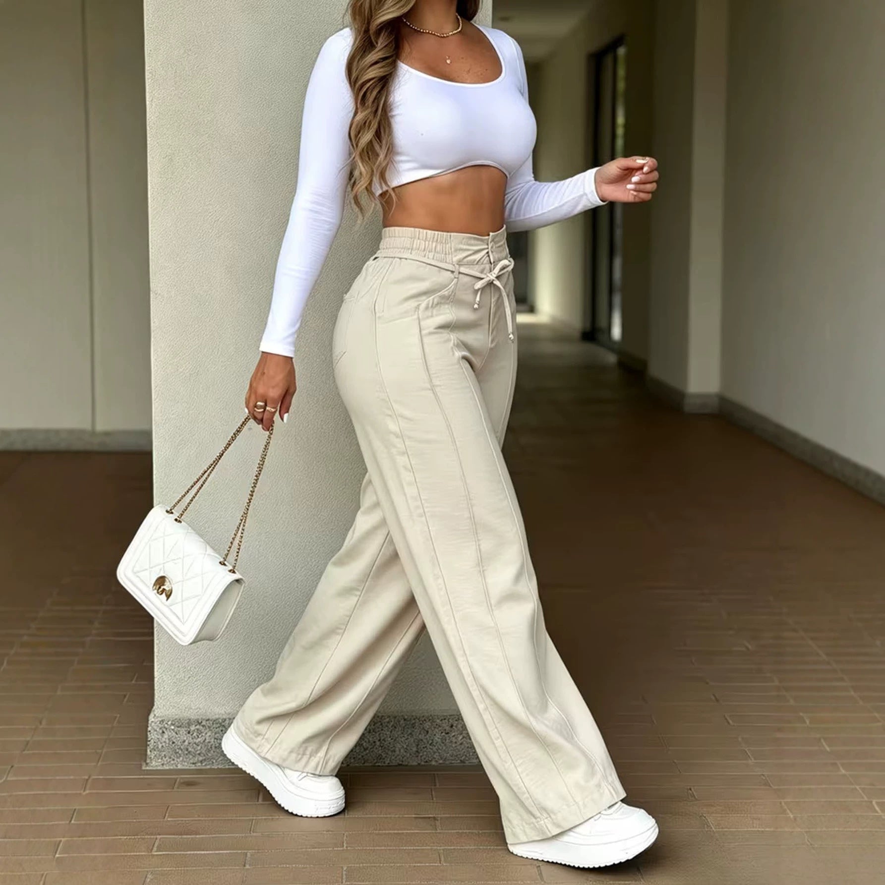 Women's High-Waist Wide-Leg Pants with Drawstring, Decorative Seams and Side Pockets Chichicherry