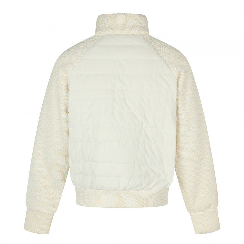 Women's hybrid quilted jacket with quilted front, chunky knit sleeves, and high stand-up collar Chichicherry