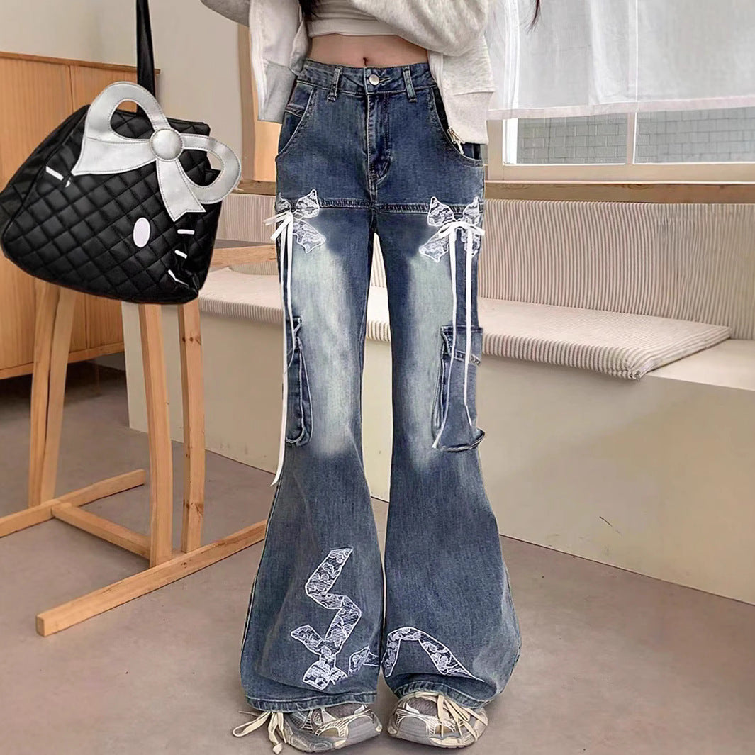 Women's wide flared cargo-style jeans with decorative ribbons, lace appliqués, and multiple pockets Chichicherry