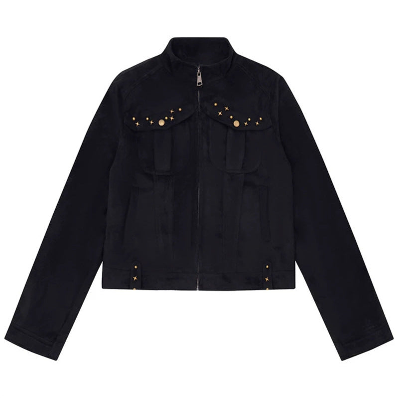 Women's short cut suede jacket with stand-up collar, decorative studs and flap pockets Chichicherry