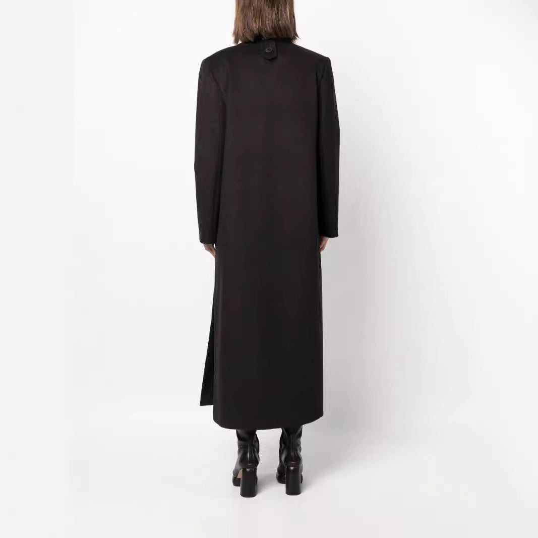 Women's Maxi Long Double-Breasted Wool Blend Coat with Structured Shoulders and Flap Pockets Chichicherry