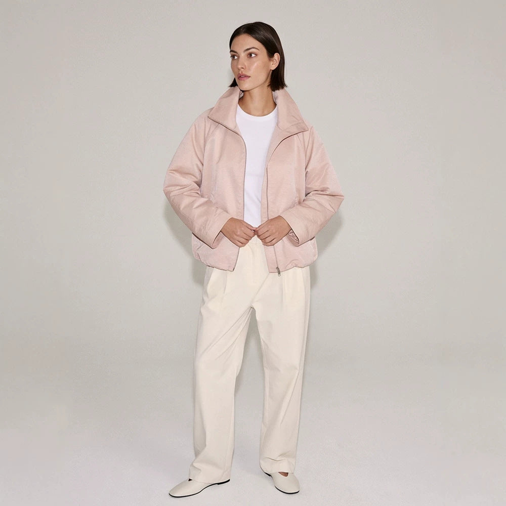 Women's light transitional jacket with high stand-up collar, raglan sleeves, and ballooned hem Chichicherry