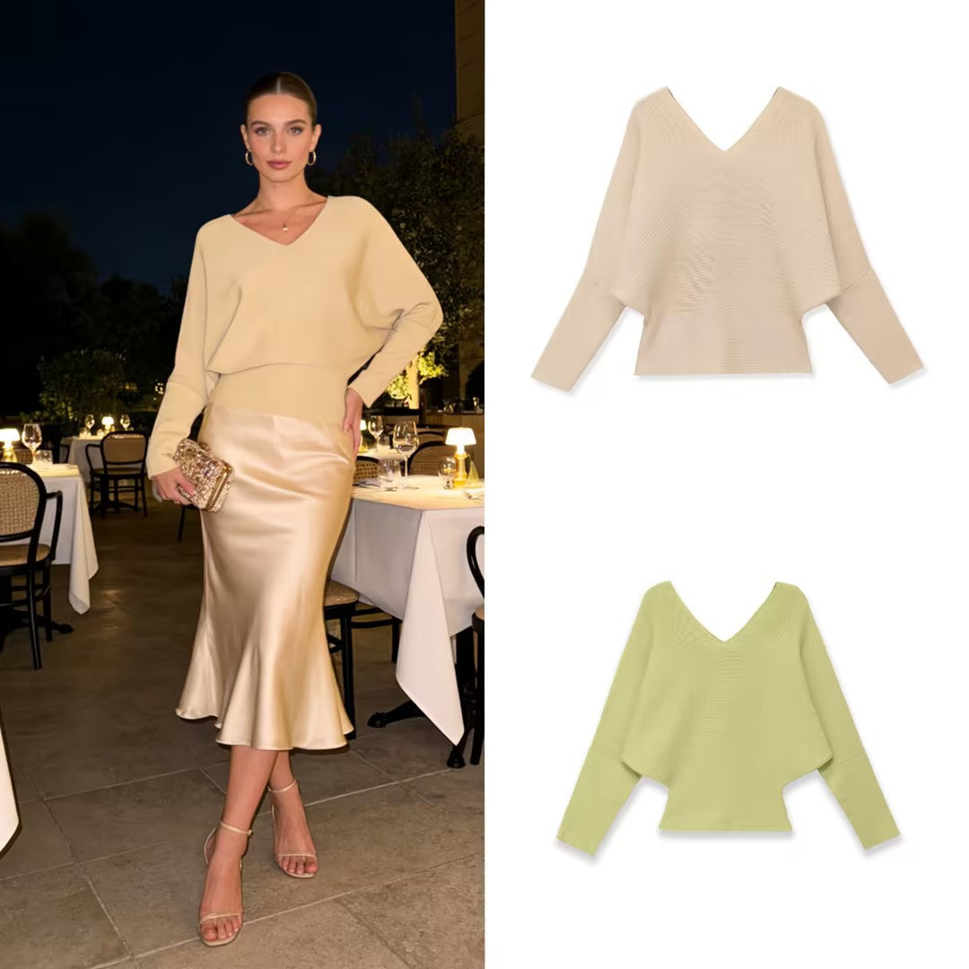 Women's Soft Fine Knit Top with Batwing Sleeves and Deep V-Neck Chichicherry