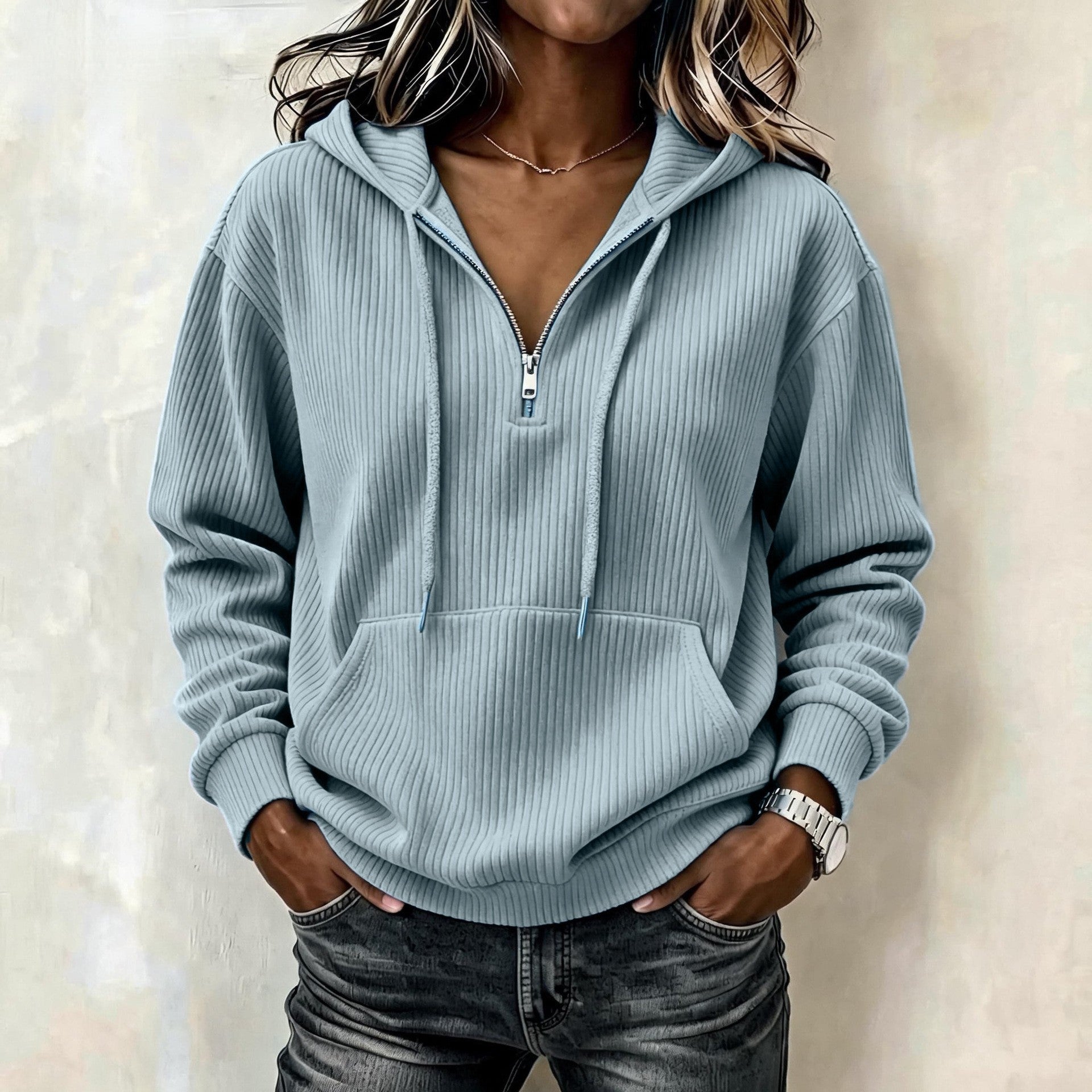 Damen Gestrickter Ripp-Hoodie mit halbem Reißverschluss, Kängurutasche und Oversize-Schnitt Chichicherry