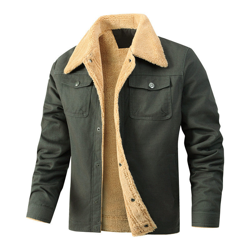 Men's Casual Sherpa-lined Canvas Trucker Jacket with Shirt Collar Chichicherry