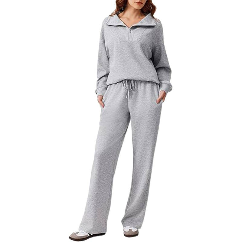 Women Casual Two-Piece with Half Zipper and Flowing Wide-Leg Jogging Pants Chichicherry