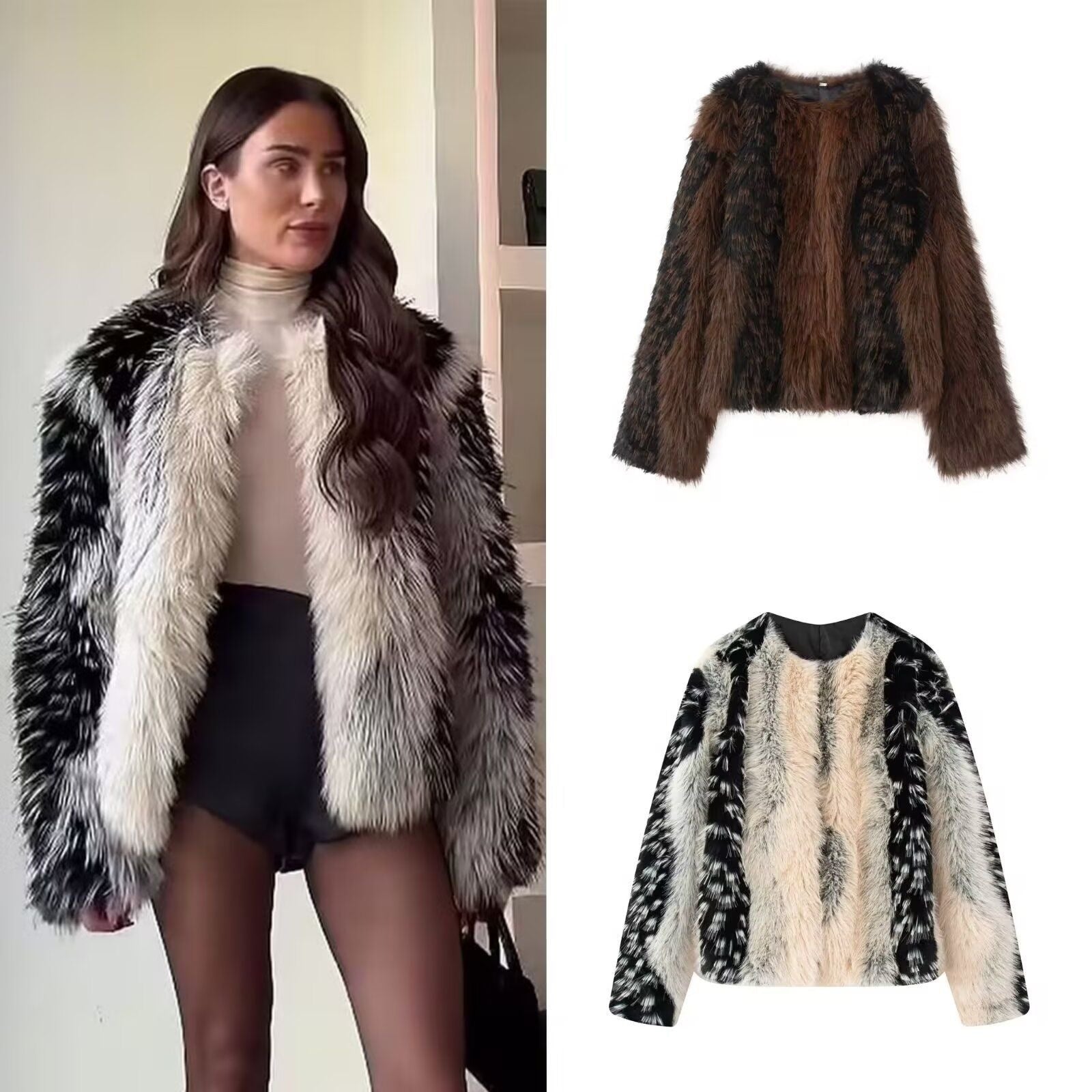 Women's Short Cut Faux Fur Jacket with Striped Fur Texture Chichicherry
