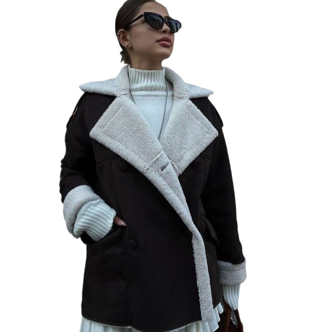 Damen Oversized Fliegerjacke aus Lammfellimitat mit Doppelreihiger Knopfleiste Chichicherry
