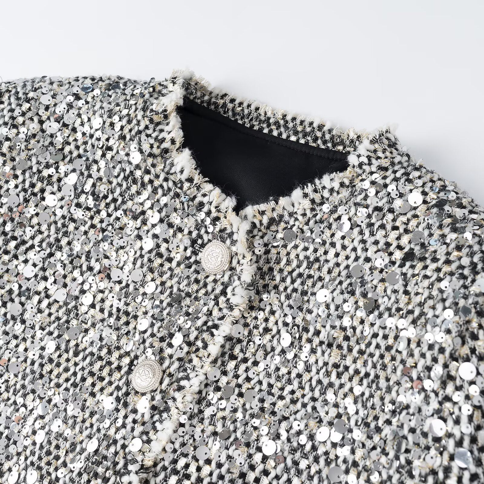 Women's short jacket in bouclé style with sequin trim and mother-of-pearl buttons Chichicherry