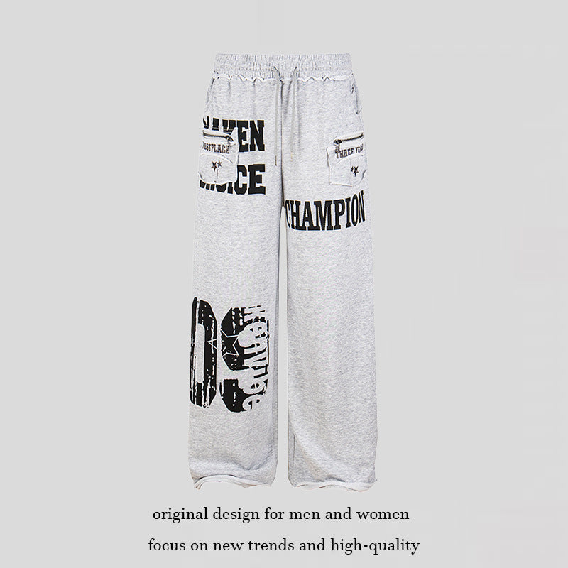 Women's Wide Palazzo Sweatpants with Comfort Waistband, Application Pockets and Typo Print Chichicherry