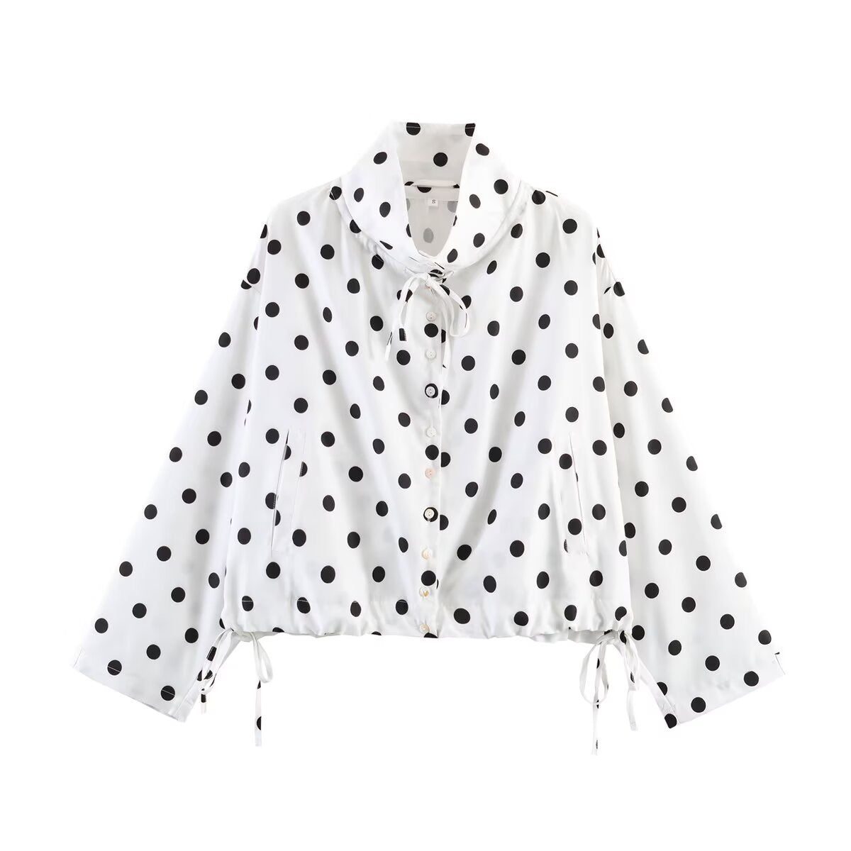 Women's Cropped Polka Dot Transition Jacket with Stand-Up Collar, Drawstring Hem and Button Placket Chichicherry
