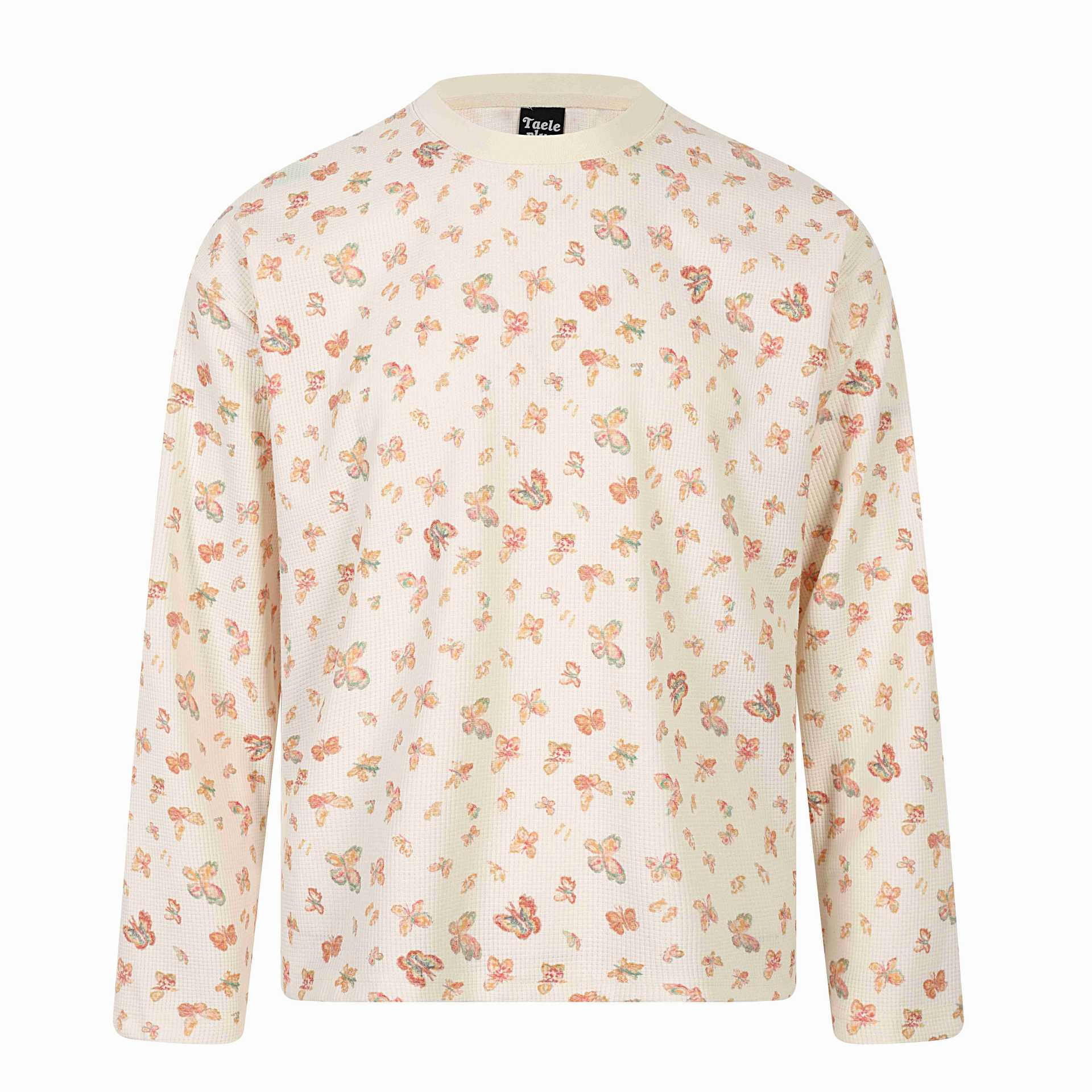 Ladies waffle knit long sleeve shirt with all-over butterfly print and round neck Chichicherry