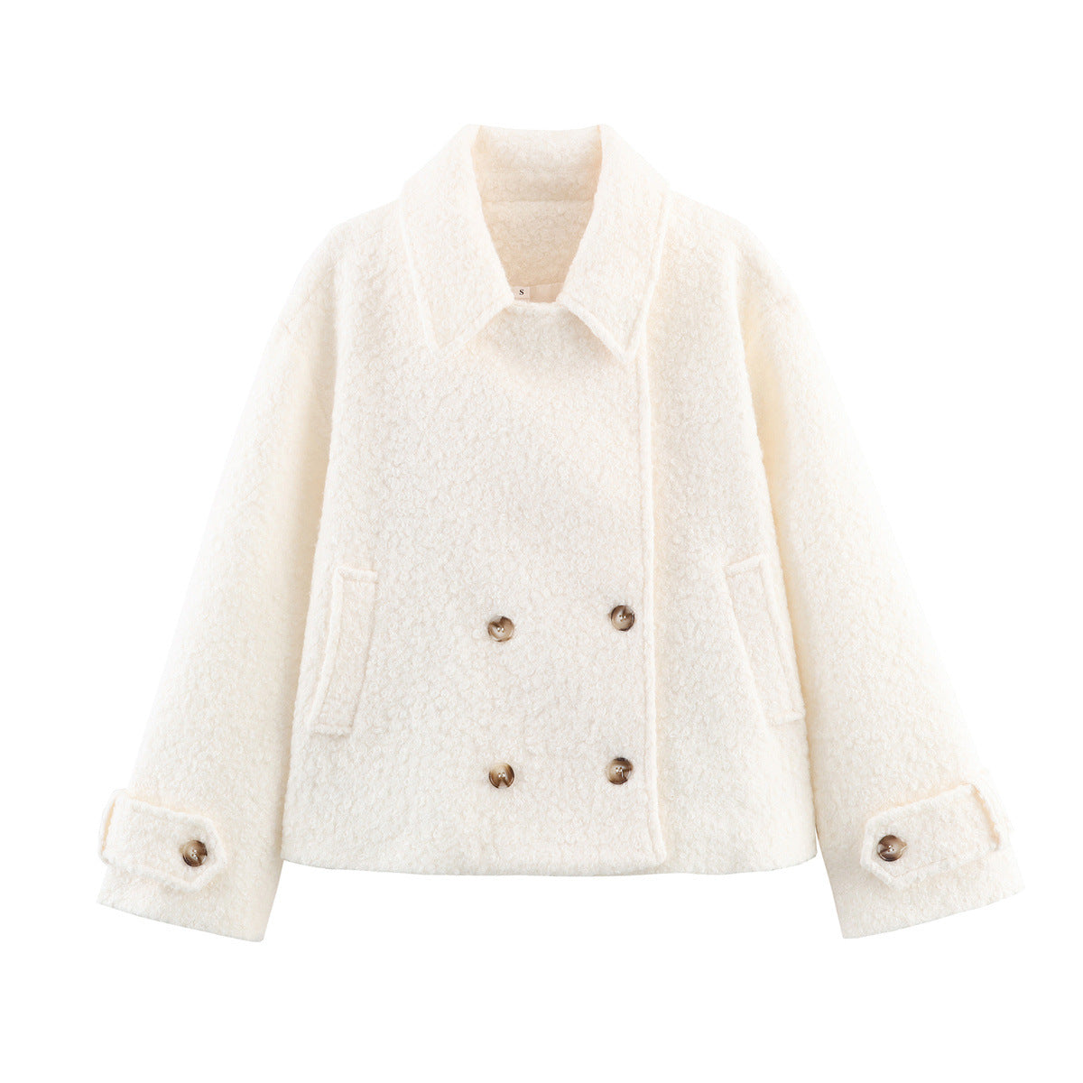 Ladies Boxy Boucle Double-Breasted Coat with Shirt Collar and Flap Pockets Chichicherry