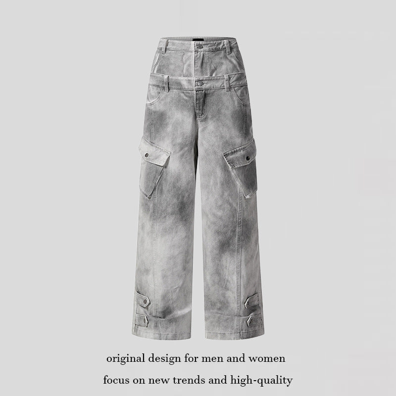 Women's High-Waisted Baggy Culotte Jeans in Workwear Style with Flap Pockets and Adjustable Hem Chichicherry