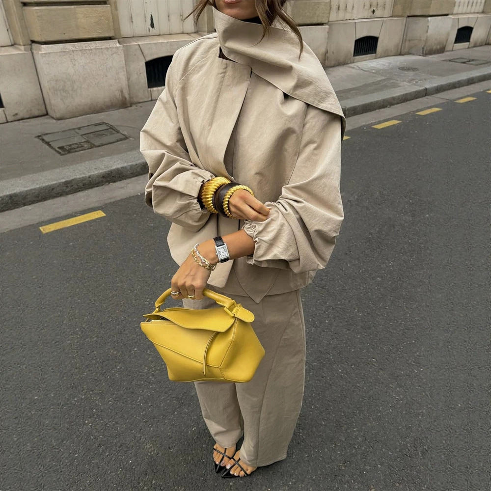 Women's Two-Piece Oversized Pant Suit Set with Asymmetrical Stand Collar Chichicherry