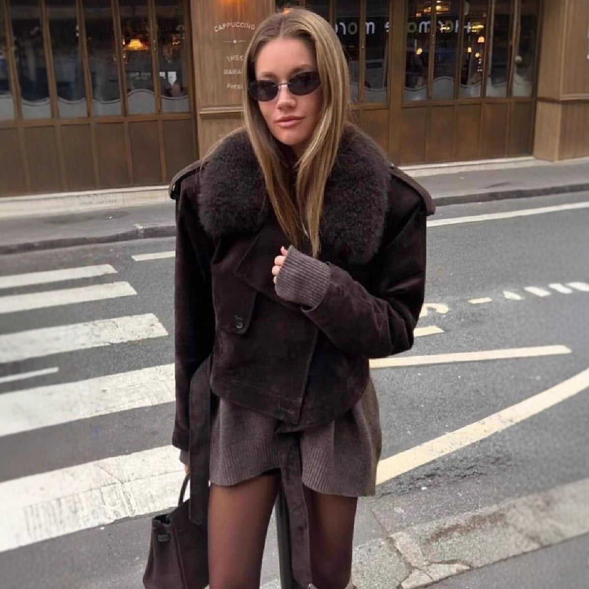 Women's Cropped Motorcycle Jacket in Suede Look with Voluminous Teddy Collar Chichicherry