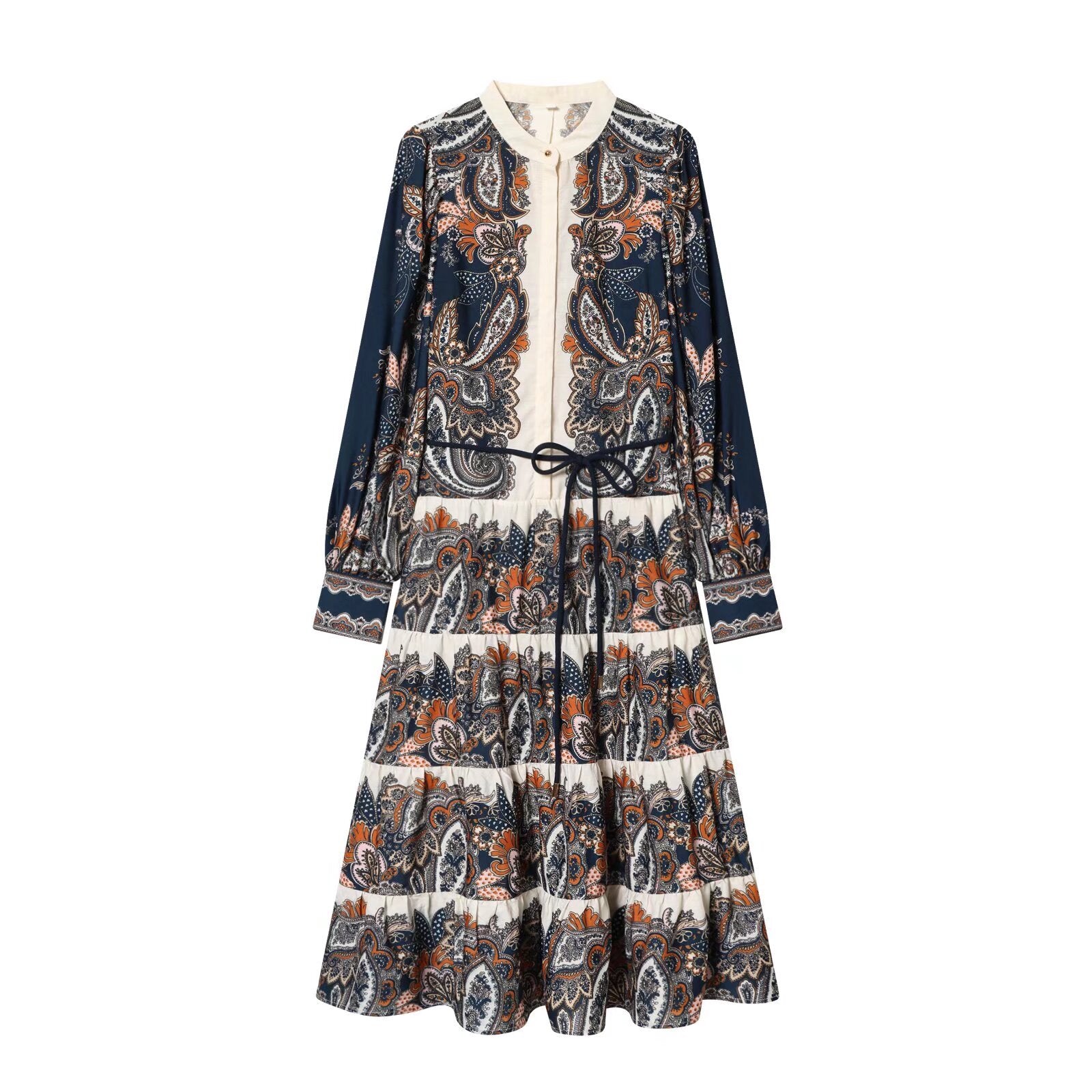Women's maxi dress in tiered skirt design with paisley print, stand collar, and waist drawstring Chichicherry