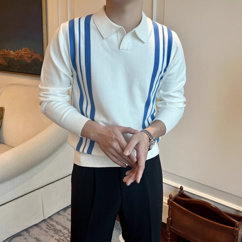 Herren Polokragen-Strickpullover mit markanten Längsstreifen und schmaler Passform Chichicherry