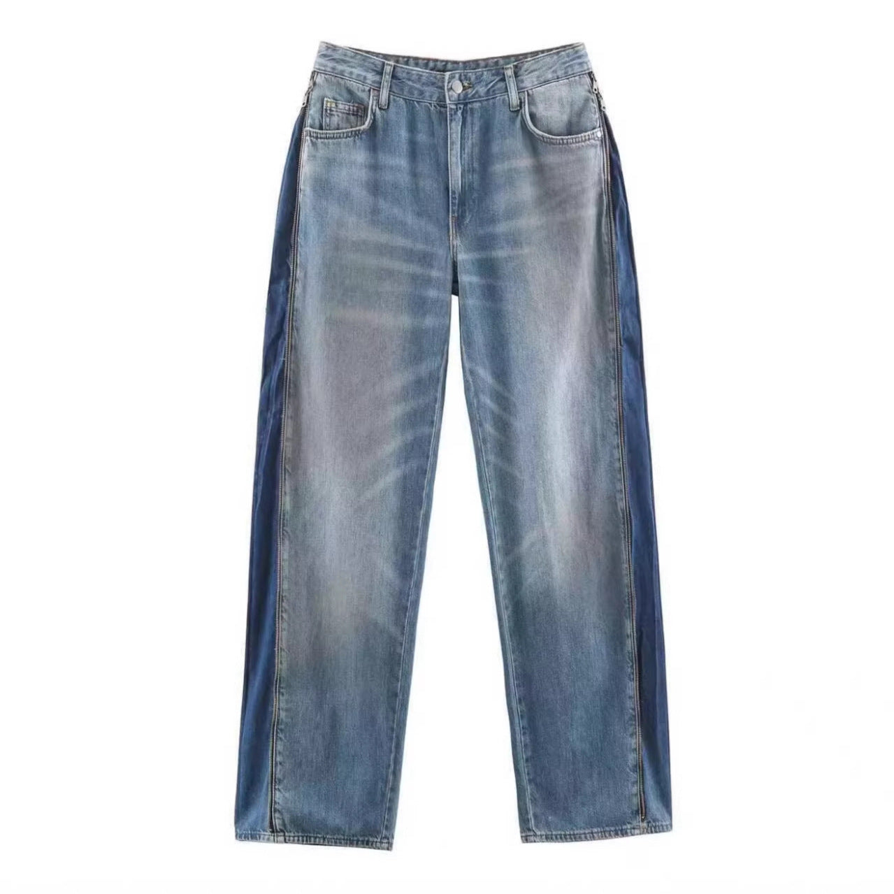 Ladies Wide High-Waist Jeans with Straight Leg and Vintage Wash Chichicherry