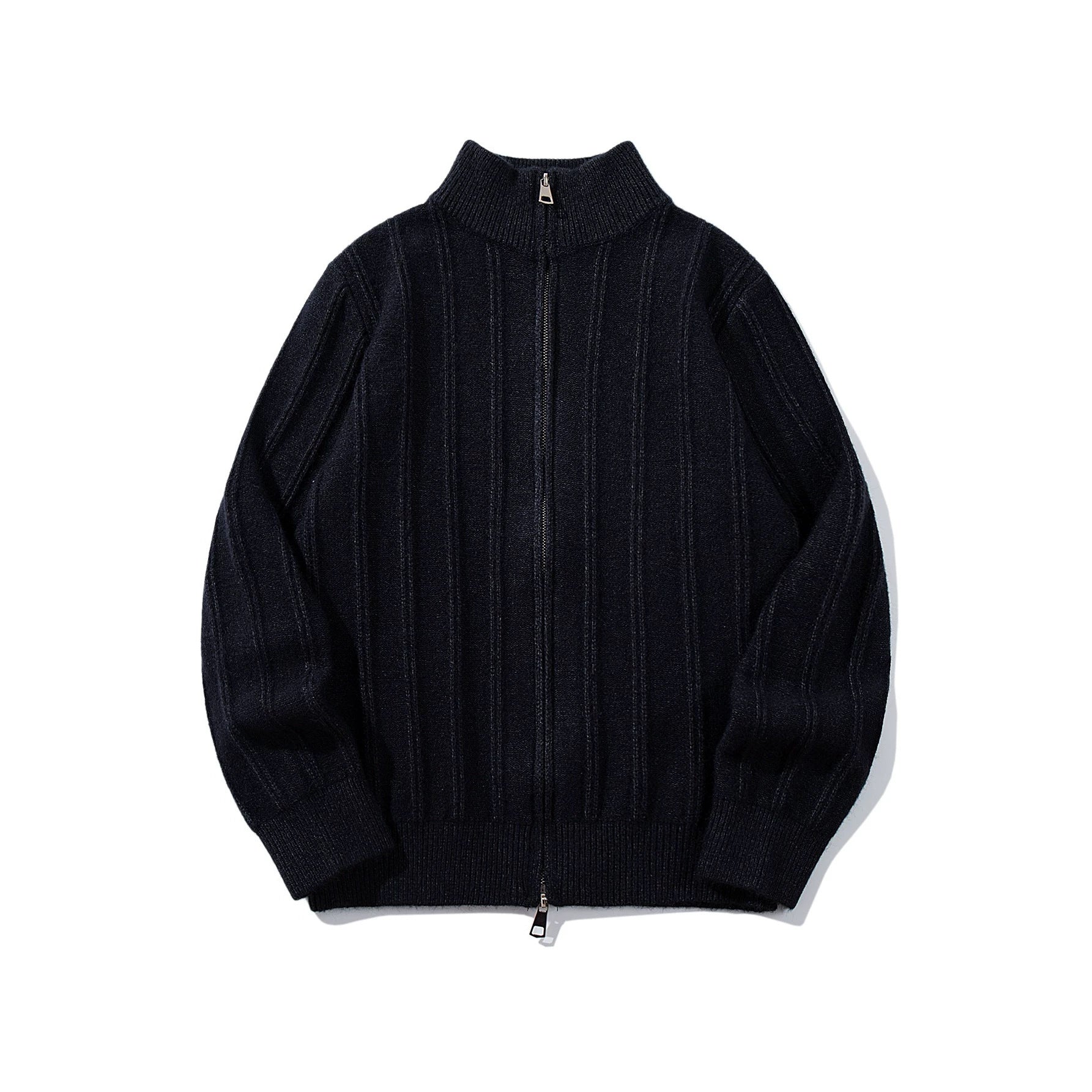 Unisex Gathered Knit Zip Jacket with High Stand-up Collar and Vertical Structure Chichicherry