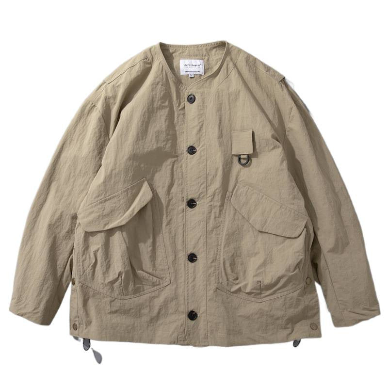 Herren Kragenlose Utility-Fieldjacke mit Pattentaschen und Kordelzug Chichicherry