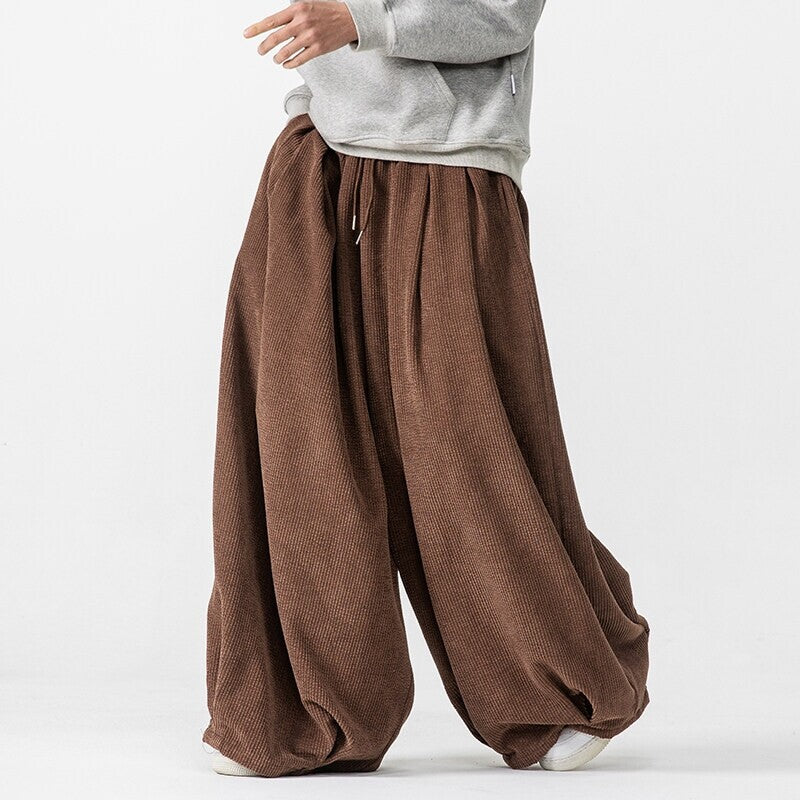 Men's Extra Wide Corduroy Balloon Pants with Pleats, Drawstring, and Heavy Draping Chichicherry