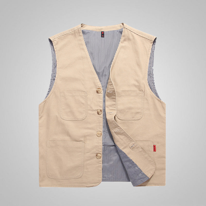 Men's Cotton Canvas Utility Vest with Striped Lining and Patch Pockets Chichicherry