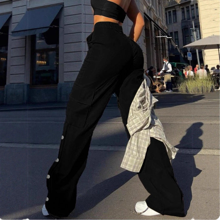 Women's High-Waist Cargo Pants with Wide Leg, Drawstring and Side Snap Details Chichicherry