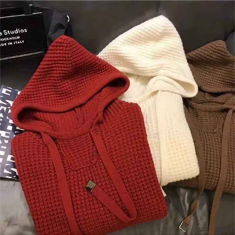 Damen Grobgestrickter Oversize-Kapuzenpullover mit Waffelstruktur und Kordelzug Chichicherry