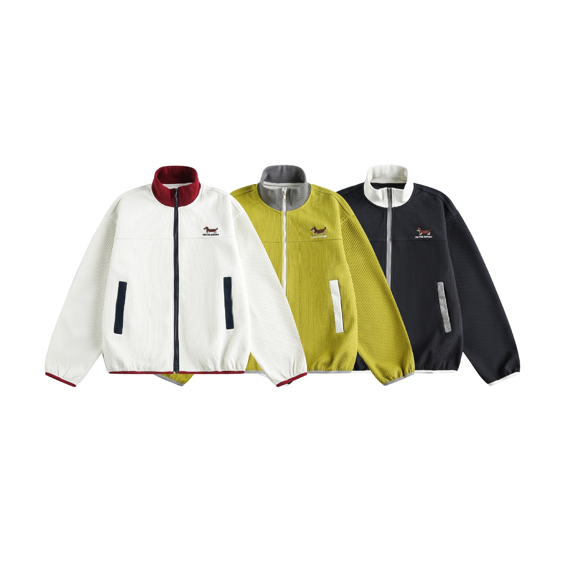 Women’s waffle structure zip jacket in boxy cut with stand-up collar and dog embroidery Chichicherry