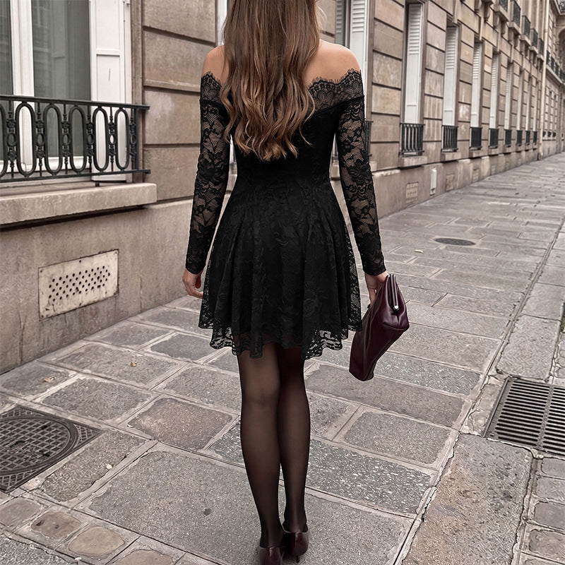 Women's Figure-friendly Lace A-line Minidress with Off-the-shoulder Neckline and Transparent Sleeves Chichicherry