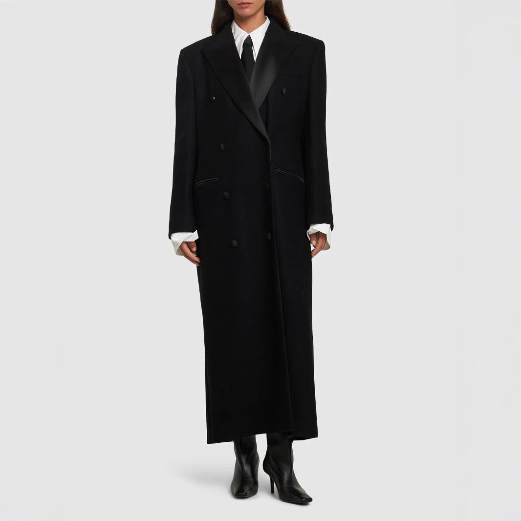 Women Double-breasted Maximalist Wool Coat with Shawl Collar Chichicherry