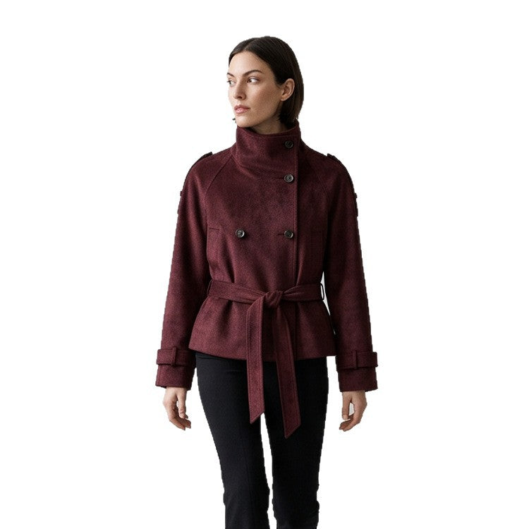 Women's Tailored Short Jacket in Suede Look with Double Breasted and Stand-Up Collar Chichicherry