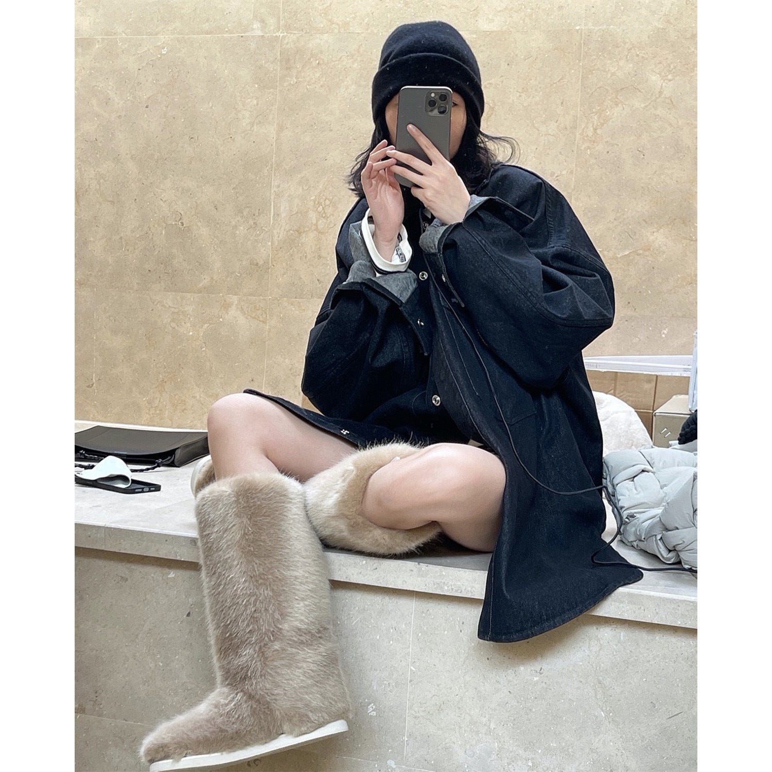Women's Oversized Denim Coat with Padding, Hood and Snap Front Chichicherry