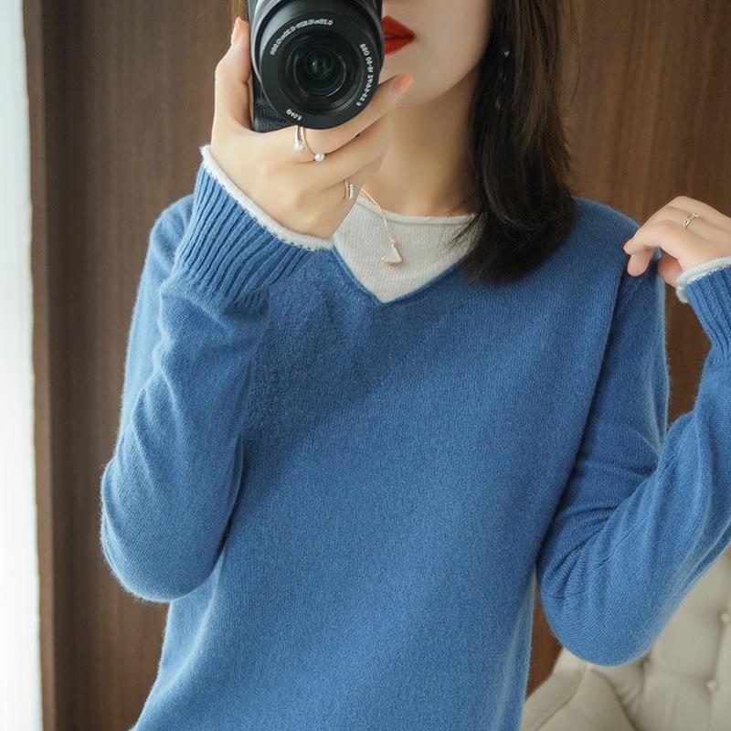 Women Soft V-Neck Sweater in Cashmere Look with Contrasted Border Decoration Chichicherry