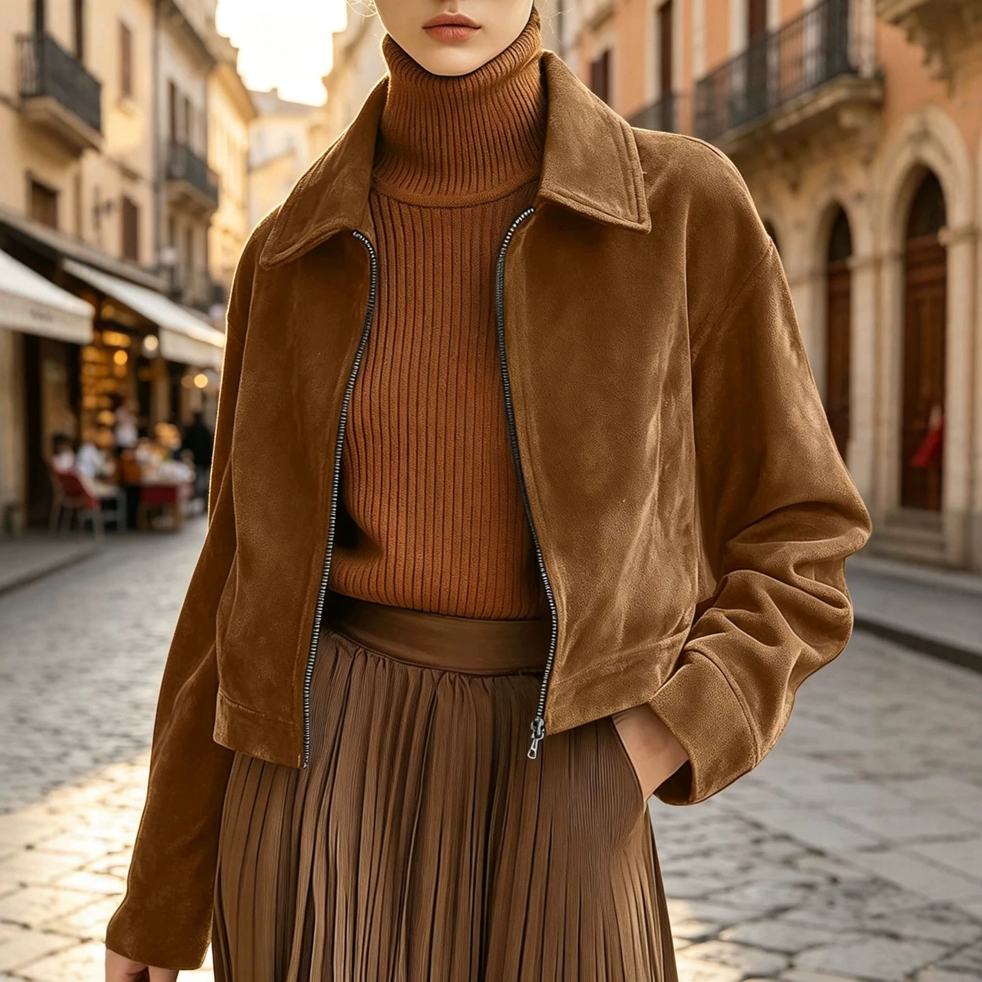 Women's short jacket made of suede look with zipper and wide shirt collar Chichicherry