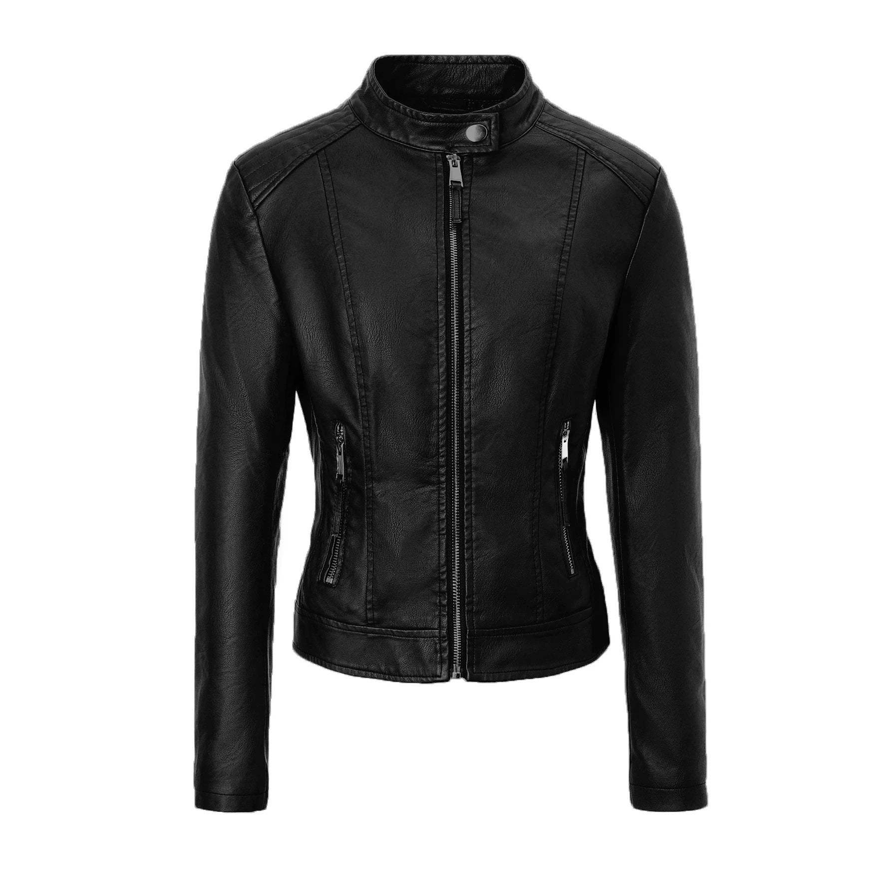 Women's Slim-Fit Biker Leather Jacket with Stand Collar Chichicherry