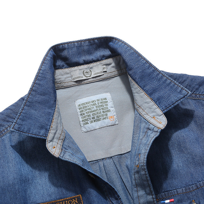 Men's denim shirt in worker-trucker style with chest flap pockets Chichicherry